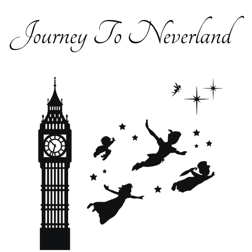 Journey to Neverland logo with clock tower and flying kids.