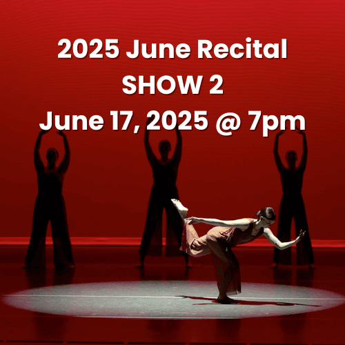 Dancers on stage with the title 2025 June Recital Show 2 June 17, 2025 7pm