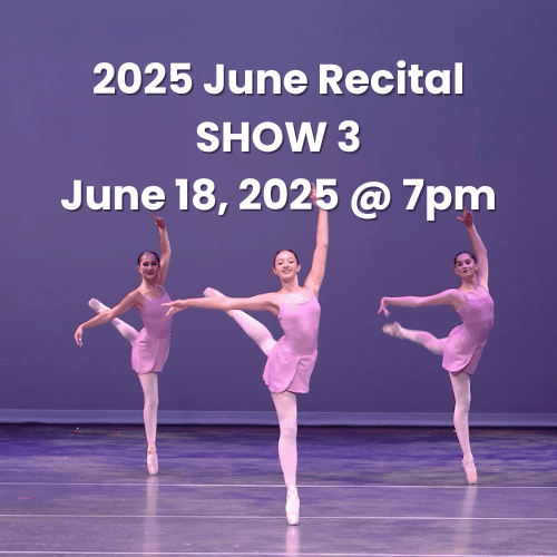 Dancers on stage with the title 2025 June Recital Show 3 June 18, 2025 7pm