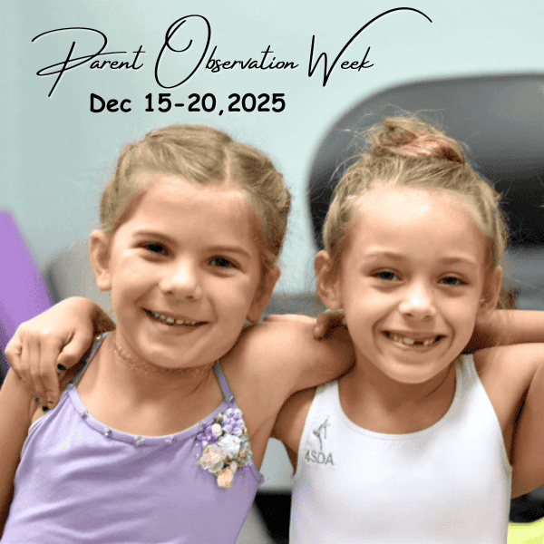 Two students smiling, in arms. Parent Observation Week title and date.