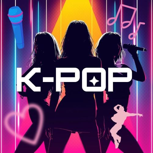 K-Pop dancers in colorful spotlights.