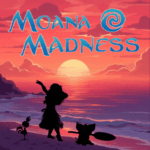 A girl, pig and chicken in silhouette dancing on the beach.