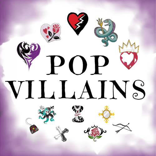 Pop Villains title with the symbols of the villains from Descedants.