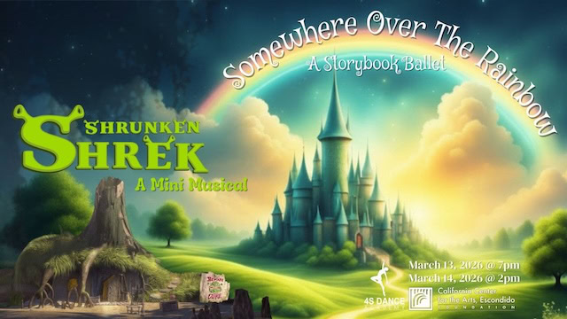Shrunken Shrek house and Emerald City background with titles.