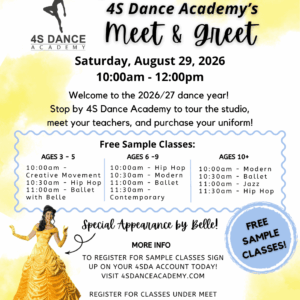 2026 Meet and Greet flyer with class times and a photo of Princess Belle.