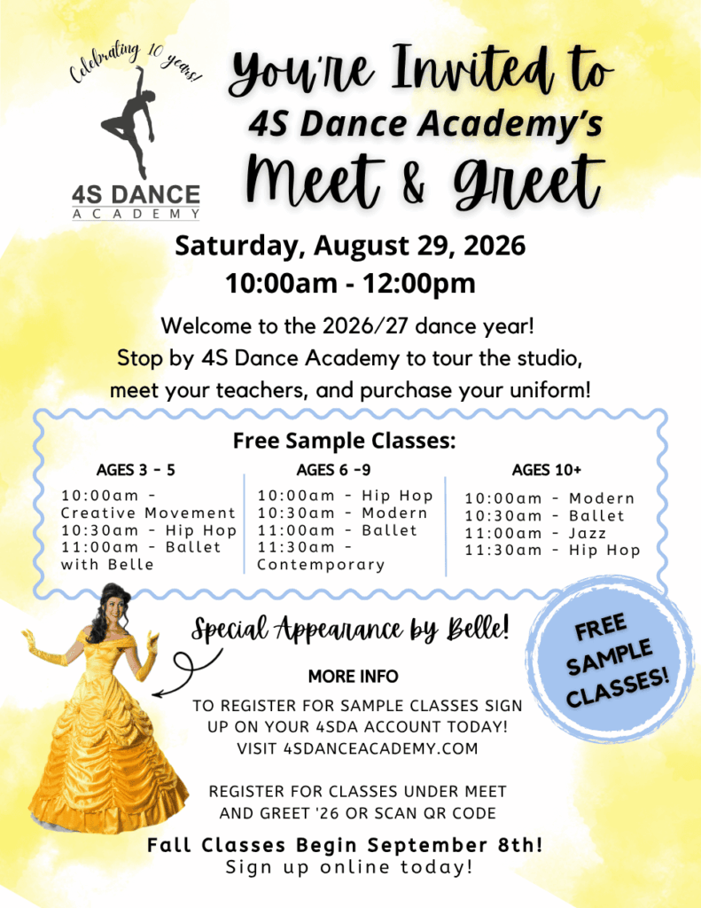 2026 Meet and Greet flyer with class times and a photo of Princess Belle.