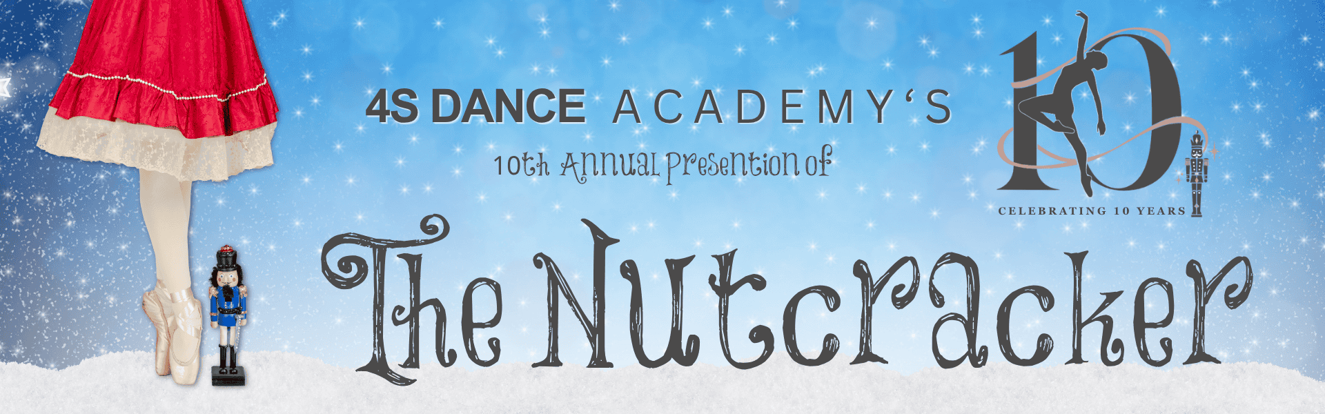 The Nutcracker title and doll with Clara's lower half on pointe.