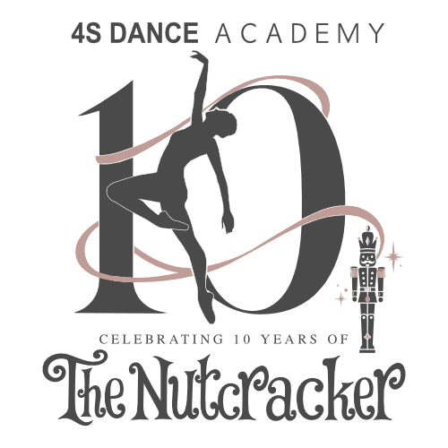 4SDA's 10th annual Nutcracker. The number 10 with a ballerina and a nutcracker doll.